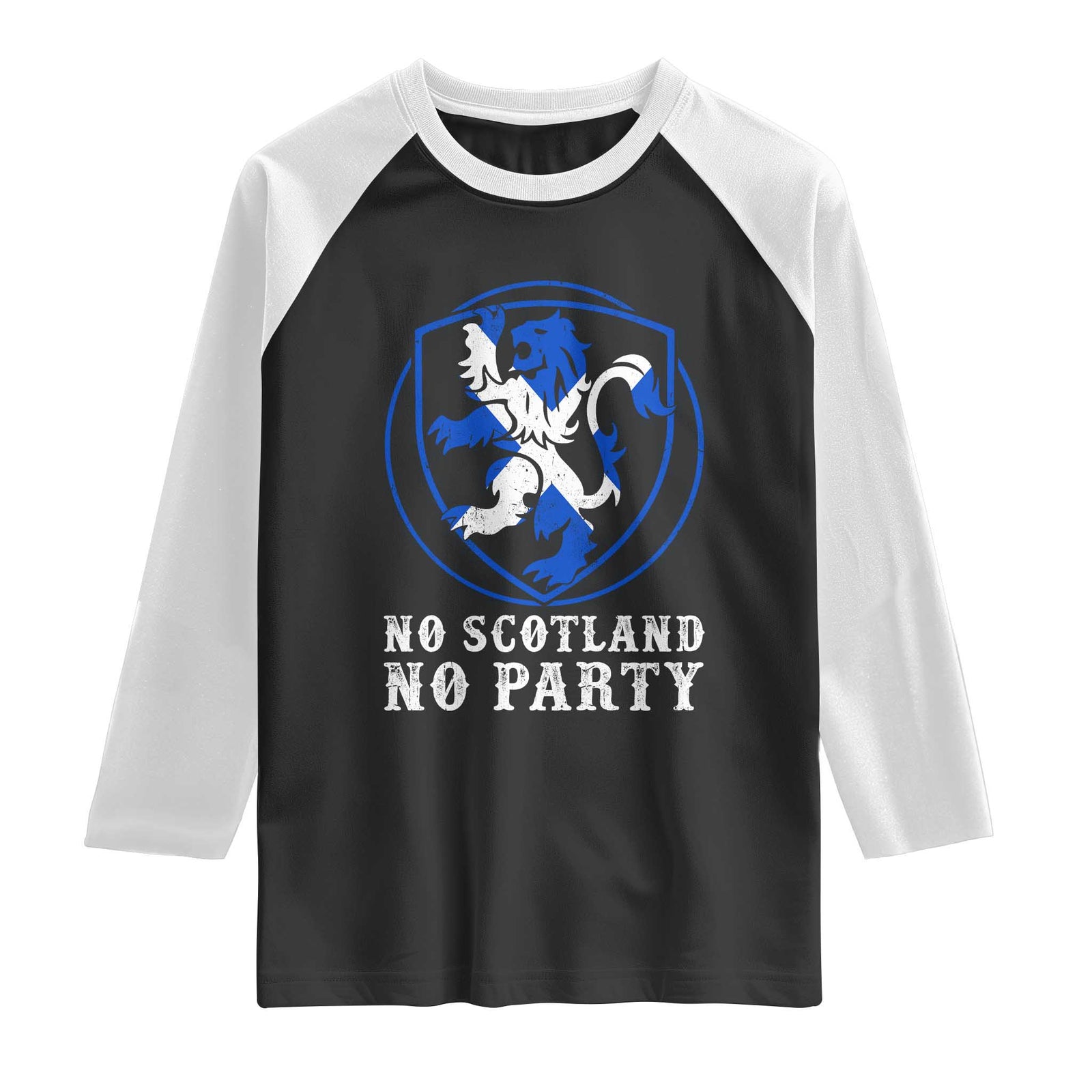 No Scotland No Party Distressed Shield Saltire Cross Raglan Shirt Vintage Football Fans Game Day TS02 Black White Print Your Wear