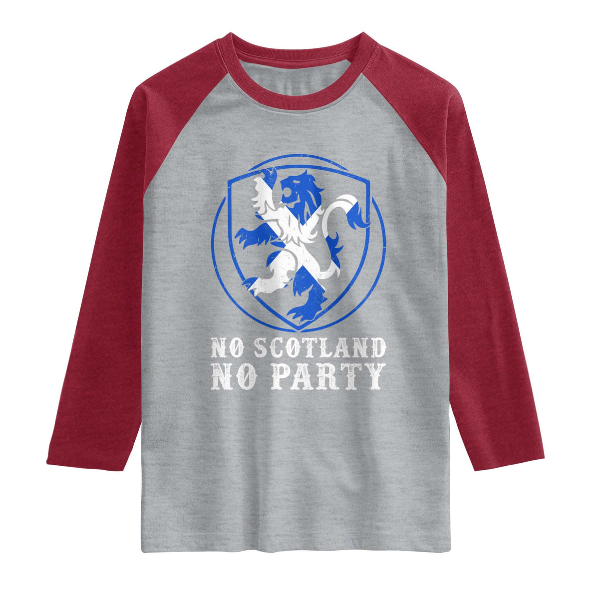 No Scotland No Party Distressed Shield Saltire Cross Raglan Shirt Vintage Football Fans Game Day