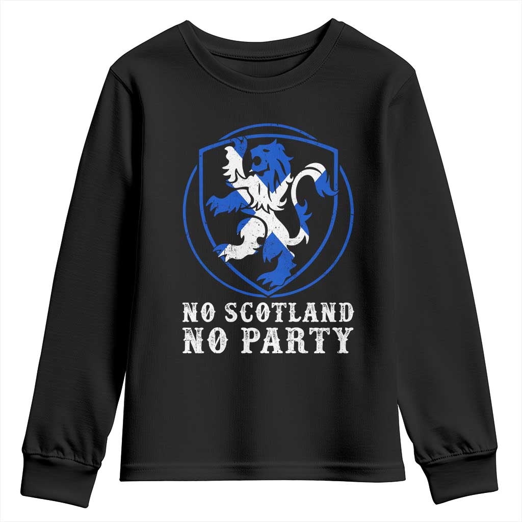 No Scotland No Party Distressed Shield Saltire Cross Youth Sweatshirt Vintage Football Fans Game Day