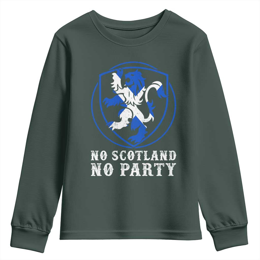 No Scotland No Party Distressed Shield Saltire Cross Youth Sweatshirt Vintage Football Fans Game Day