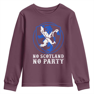No Scotland No Party Distressed Shield Saltire Cross Youth Sweatshirt Vintage Football Fans Game Day