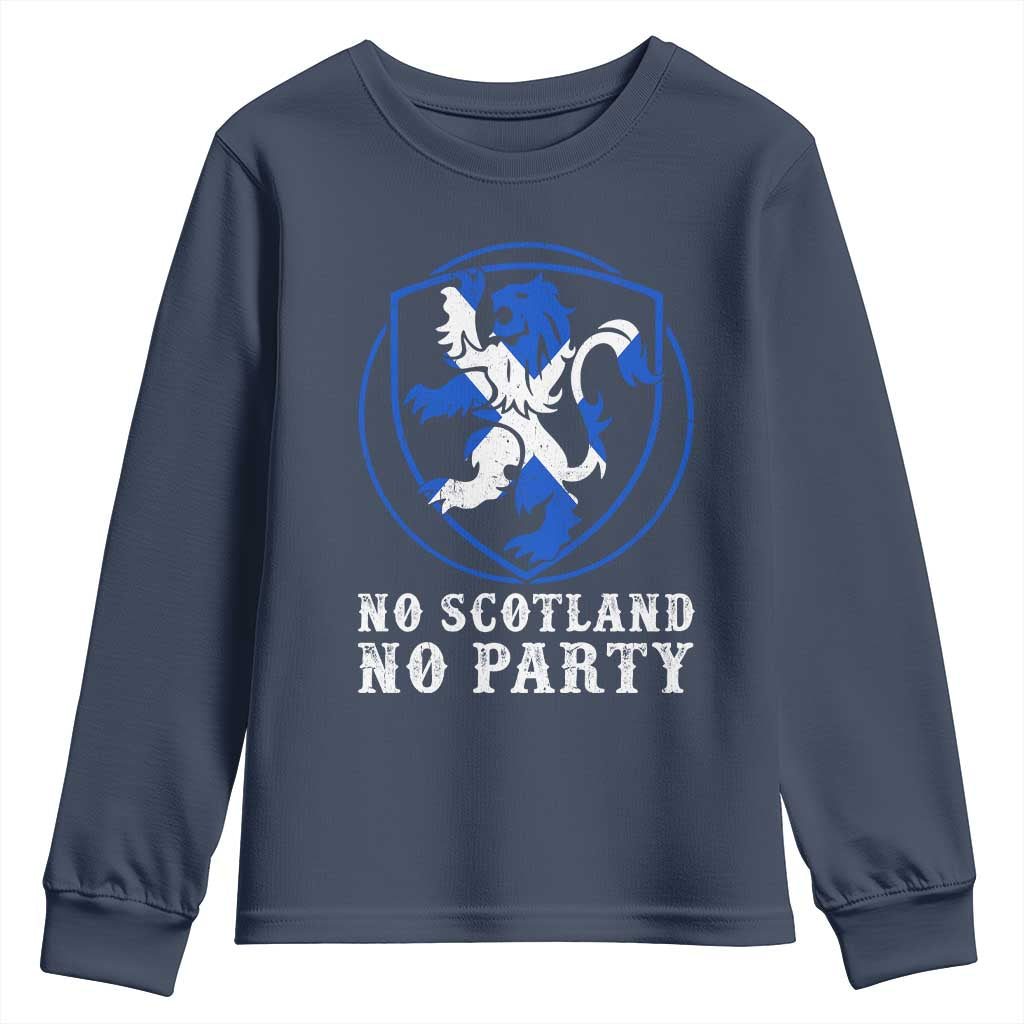 No Scotland No Party Distressed Shield Saltire Cross Youth Sweatshirt Vintage Football Fans Game Day