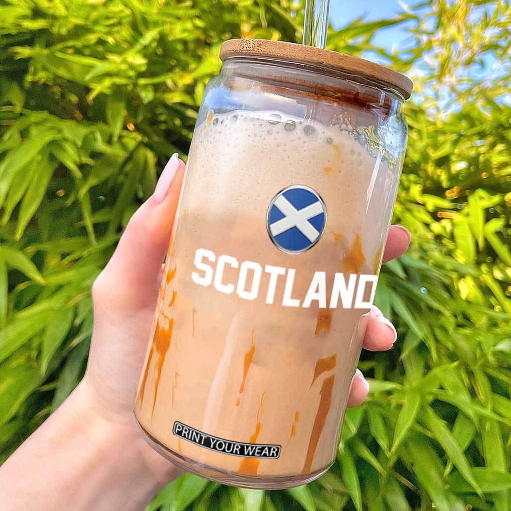 Scotland Round Saltire Flag Emblem Glass Can Classic Varsity Typography Sports Fans