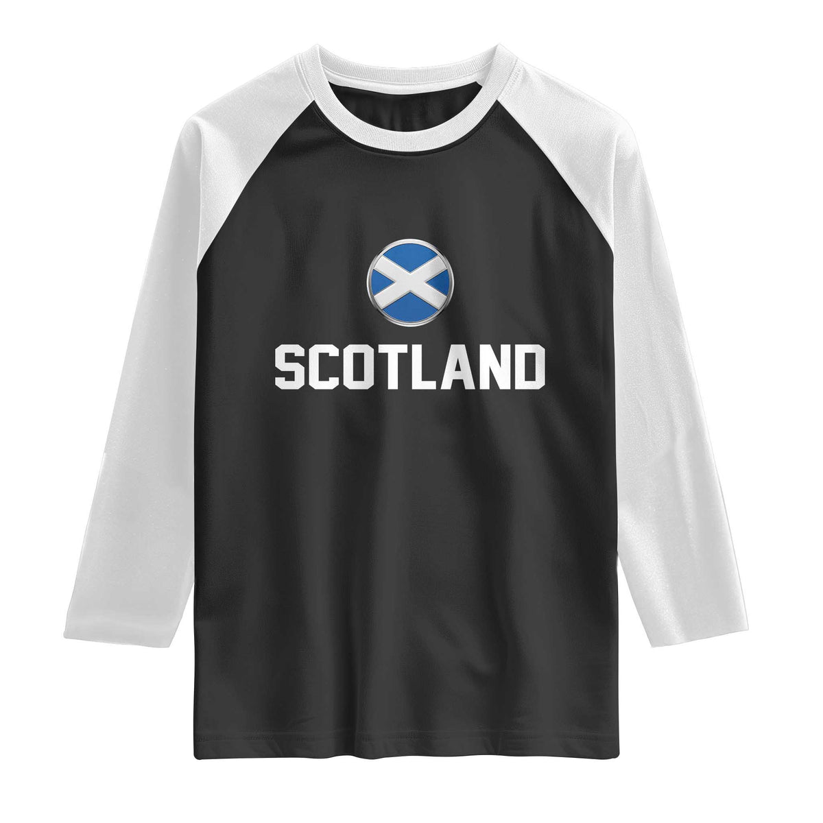 Scotland Round Saltire Flag Emblem Raglan Shirt Classic Varsity Typography Sports Fans