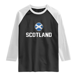 Scotland Round Saltire Flag Emblem Raglan Shirt Classic Varsity Typography Sports Fans