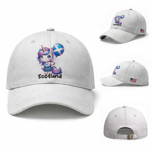Cute Unicorn Wearing Tartan Kilt Holding Saltire Flag Graphic Baseball Cap