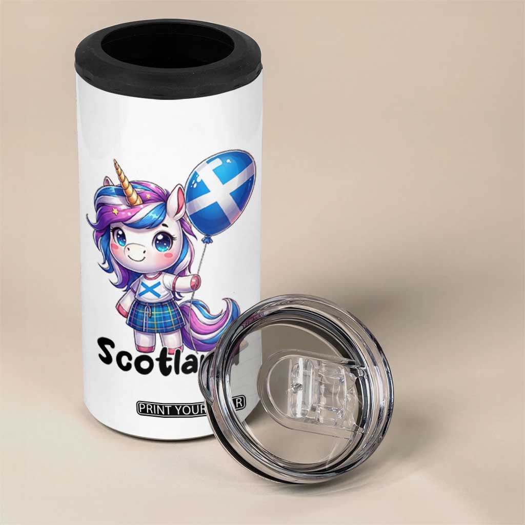 Cute Unicorn Wearing Tartan Kilt Holding Saltire Flag Graphic 4 in 1 Can Cooler Tumbler