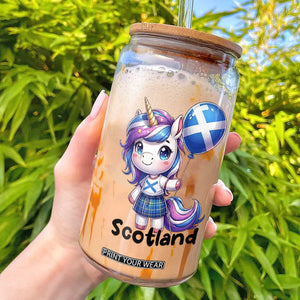 Cute Unicorn Wearing Tartan Kilt Holding Saltire Flag Graphic Glass Can
