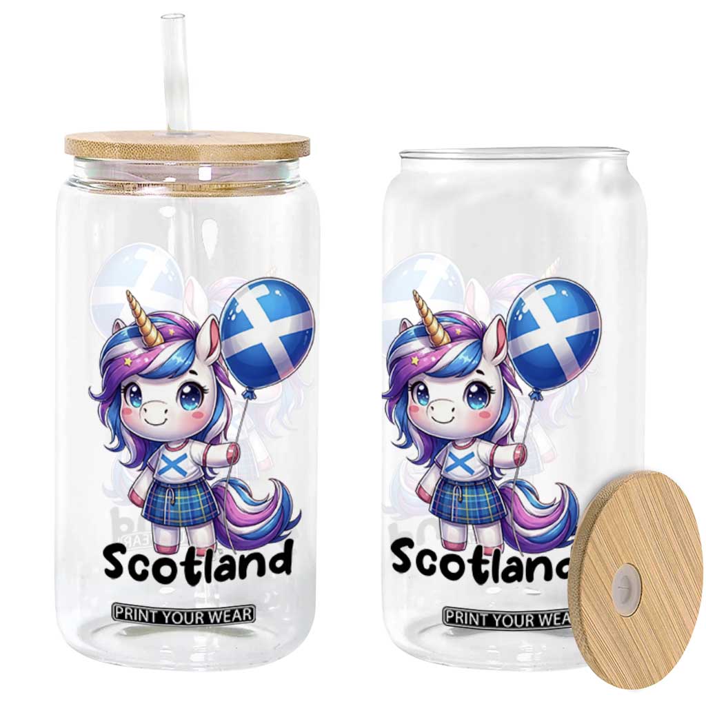 Cute Unicorn Wearing Tartan Kilt Holding Saltire Flag Graphic Glass Can