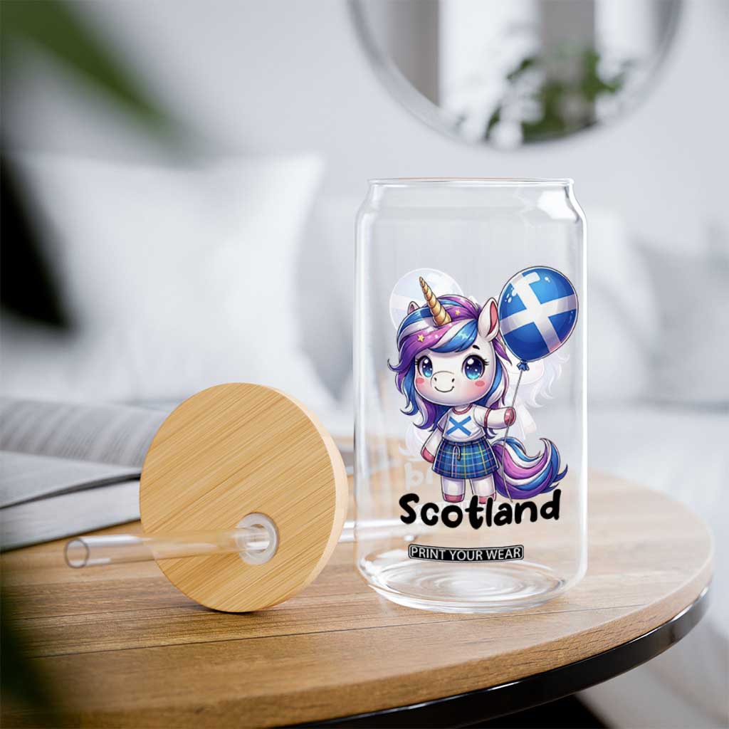 Cute Unicorn Wearing Tartan Kilt Holding Saltire Flag Graphic Glass Can