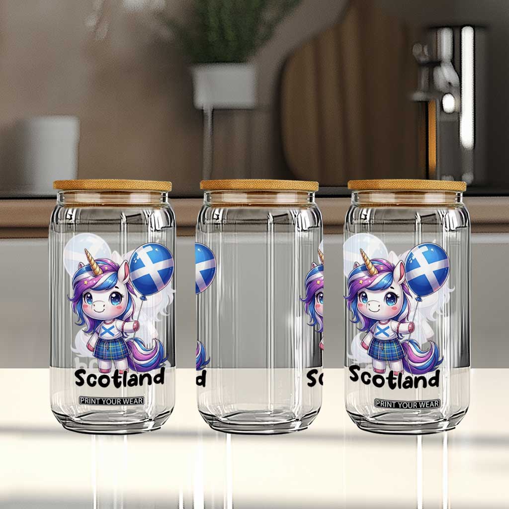 Cute Unicorn Wearing Tartan Kilt Holding Saltire Flag Graphic Glass Can