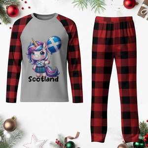 Cute Unicorn Wearing Tartan Kilt Holding Saltire Flag Graphic Plaid Pajama Set