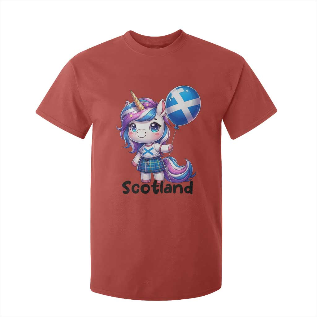 Cute Unicorn Wearing Tartan Kilt Holding Saltire Flag Graphic T Shirt For Kid