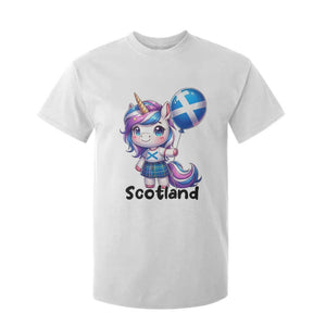 Cute Unicorn Wearing Tartan Kilt Holding Saltire Flag Graphic T Shirt For Kid