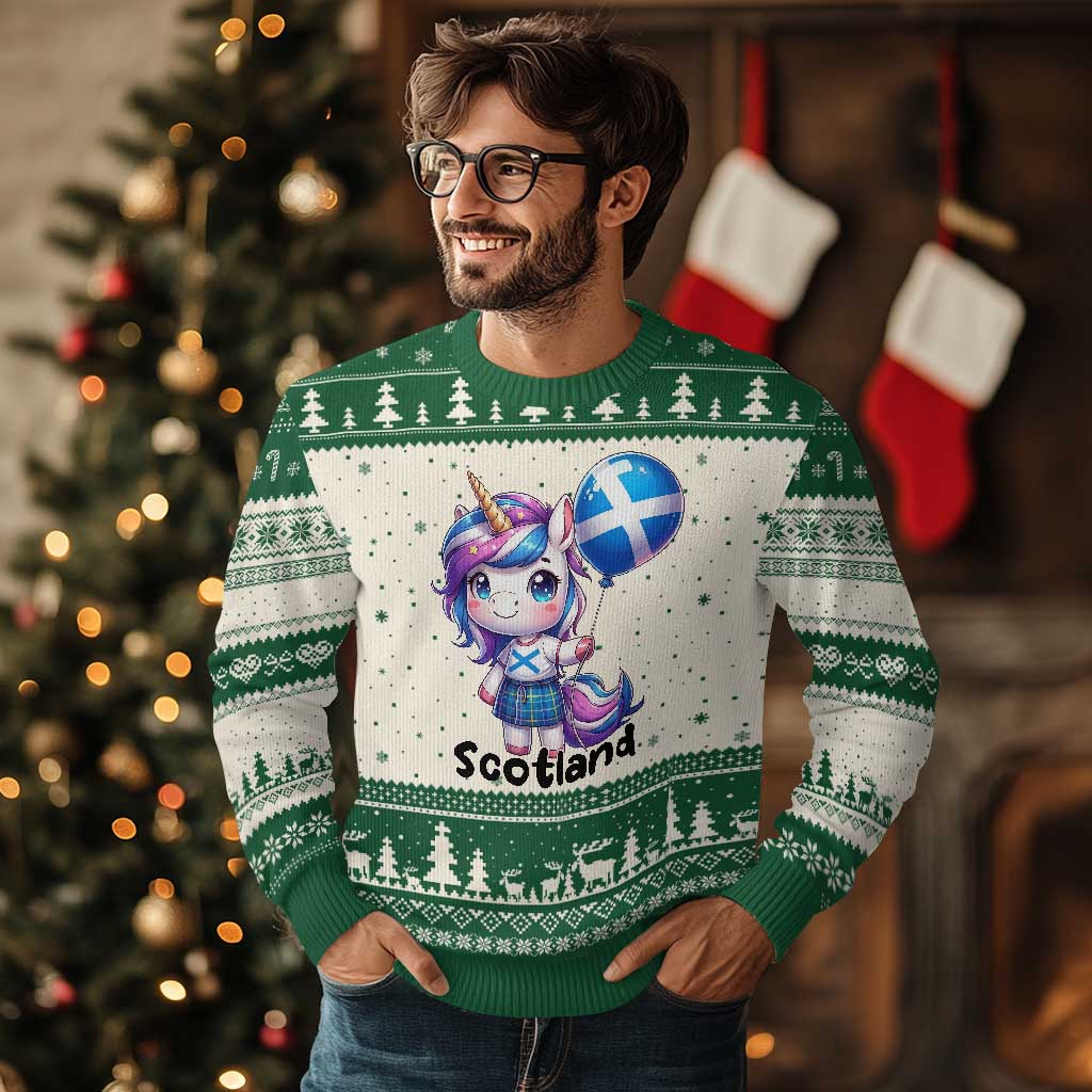Cute Unicorn Wearing Tartan Kilt Holding Saltire Flag Graphic Ugly Christmas Sweater