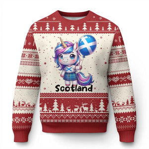 Cute Unicorn Wearing Tartan Kilt Holding Saltire Flag Graphic Ugly Christmas Sweater