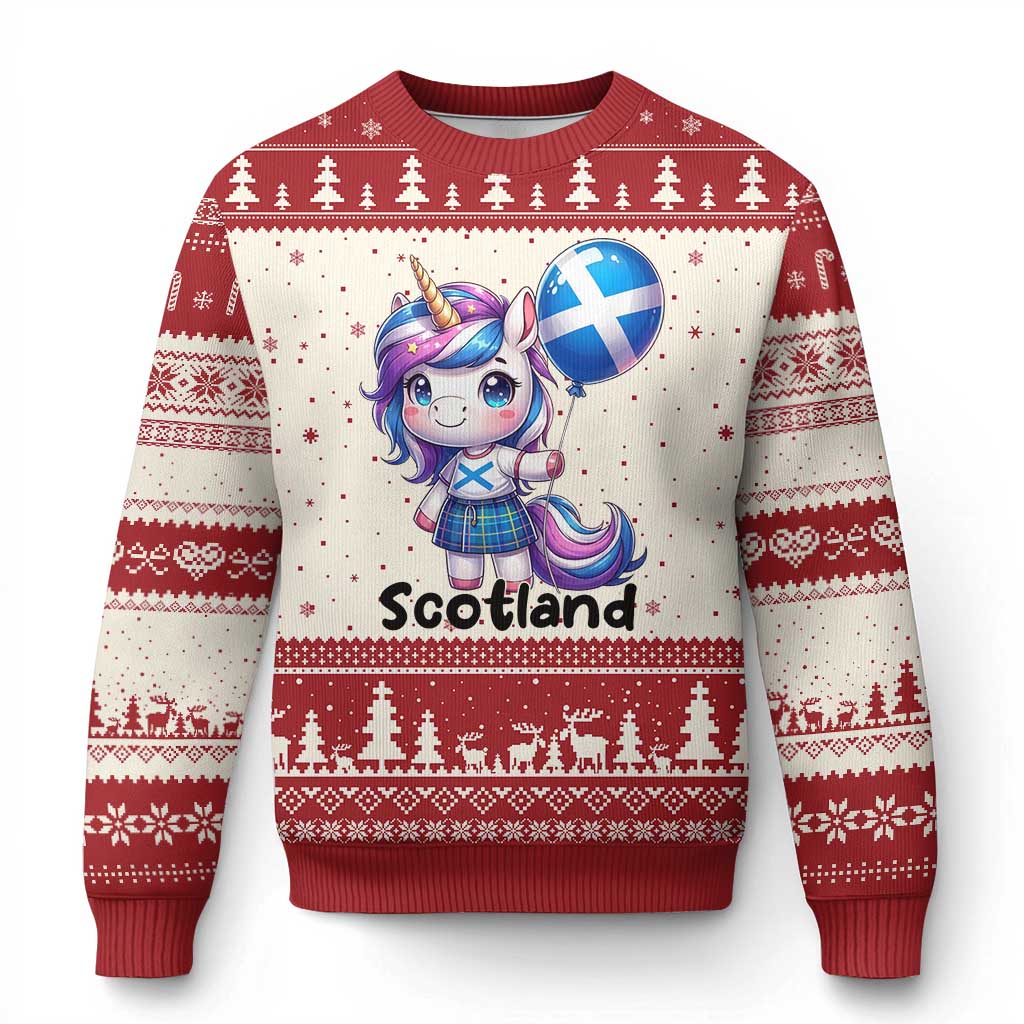 Cute Unicorn Wearing Tartan Kilt Holding Saltire Flag Graphic Ugly Christmas Sweater TS02 Beige Red Print Your Wear
