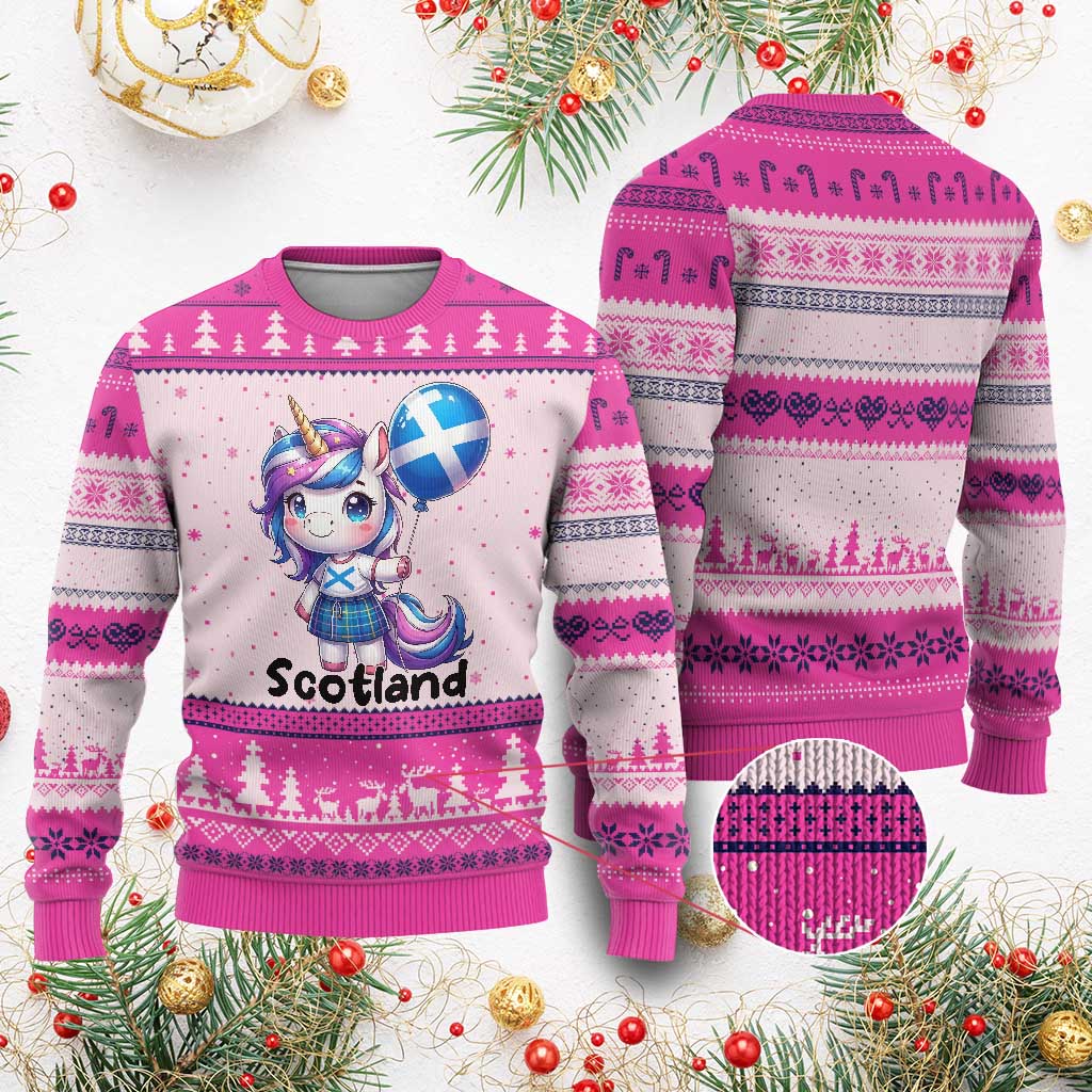 Cute Unicorn Wearing Tartan Kilt Holding Saltire Flag Graphic Ugly Christmas Sweater