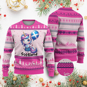 Cute Unicorn Wearing Tartan Kilt Holding Saltire Flag Graphic Ugly Christmas Sweater