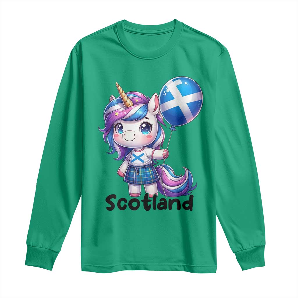 Cute Unicorn Wearing Tartan Kilt Holding Saltire Flag Graphic Long Sleeve Shirt
