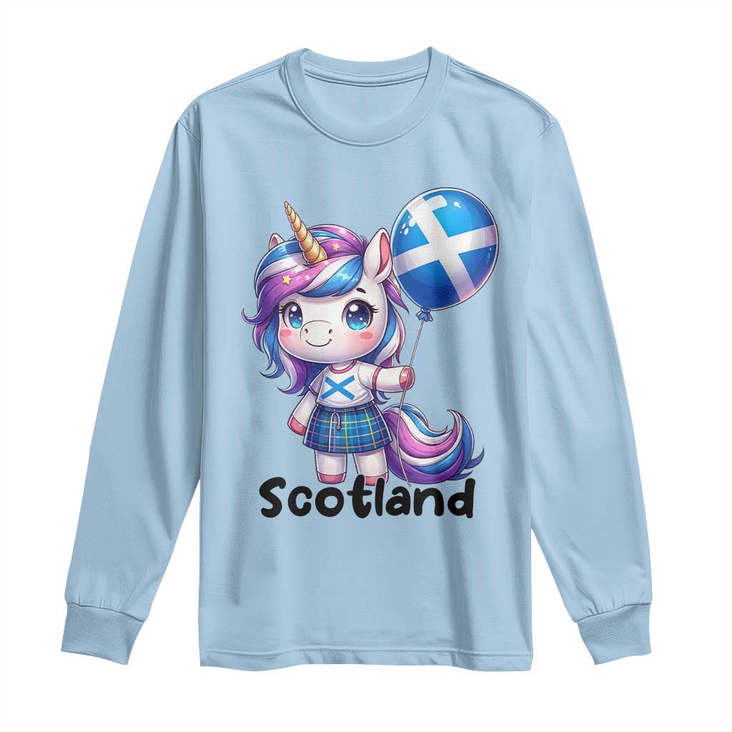 Cute Unicorn Wearing Tartan Kilt Holding Saltire Flag Graphic Long Sleeve Shirt