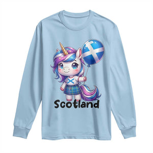 Cute Unicorn Wearing Tartan Kilt Holding Saltire Flag Graphic Long Sleeve Shirt