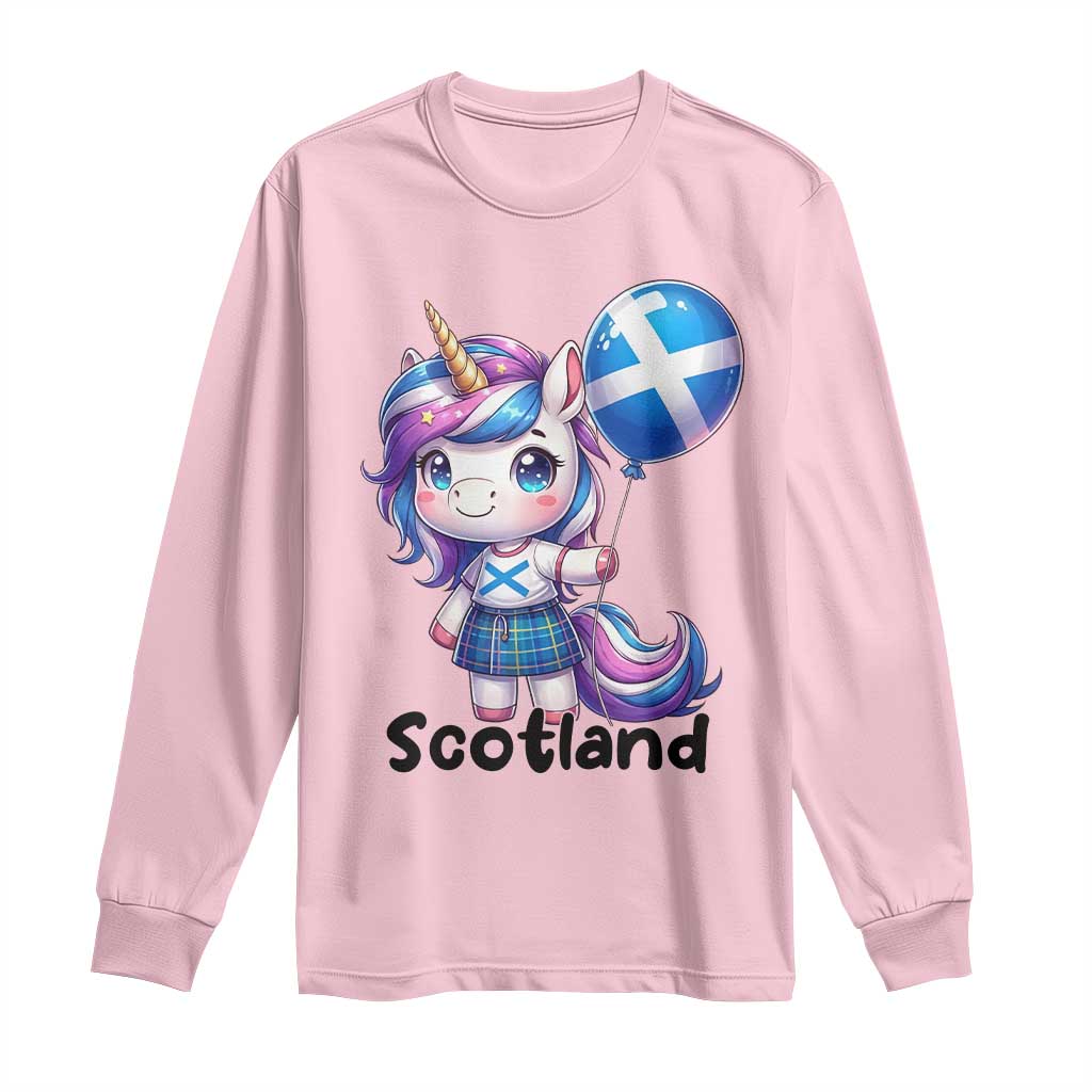 Cute Unicorn Wearing Tartan Kilt Holding Saltire Flag Graphic Long Sleeve Shirt