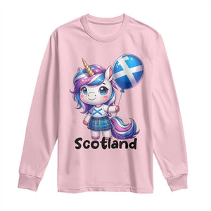 Cute Unicorn Wearing Tartan Kilt Holding Saltire Flag Graphic Long Sleeve Shirt