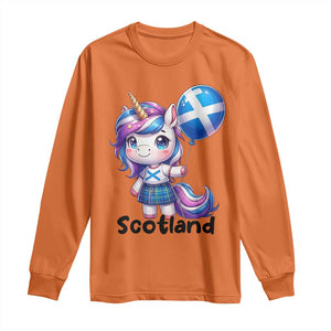 Cute Unicorn Wearing Tartan Kilt Holding Saltire Flag Graphic Long Sleeve Shirt