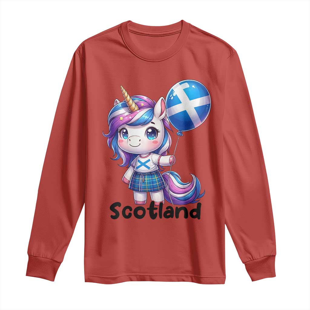 Cute Unicorn Wearing Tartan Kilt Holding Saltire Flag Graphic Long Sleeve Shirt