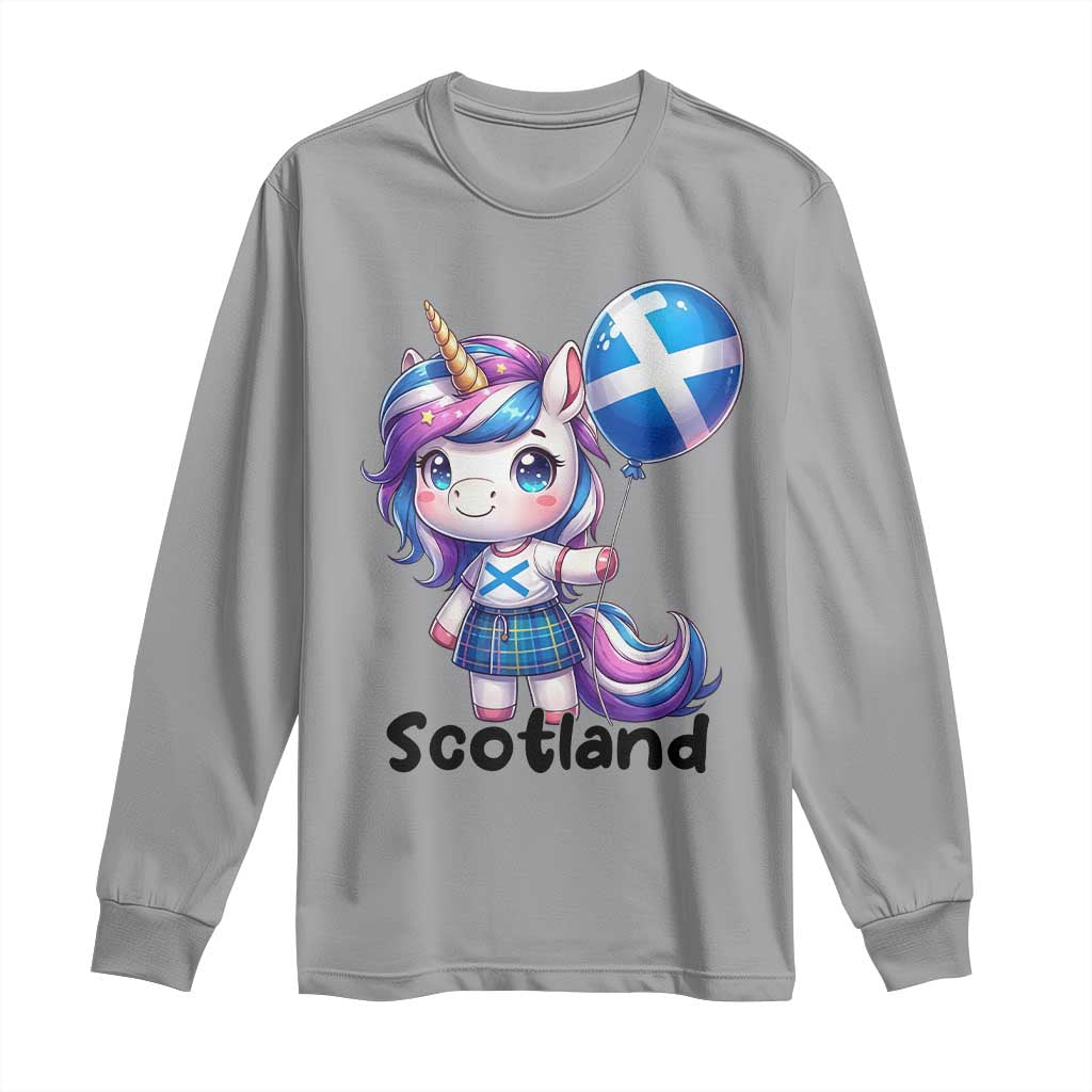 Cute Unicorn Wearing Tartan Kilt Holding Saltire Flag Graphic Long Sleeve Shirt