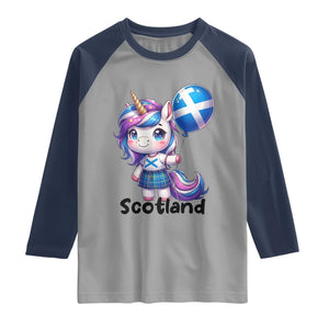 Cute Unicorn Wearing Tartan Kilt Holding Saltire Flag Graphic Raglan Shirt