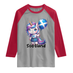 Cute Unicorn Wearing Tartan Kilt Holding Saltire Flag Graphic Raglan Shirt