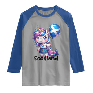 Cute Unicorn Wearing Tartan Kilt Holding Saltire Flag Graphic Raglan Shirt
