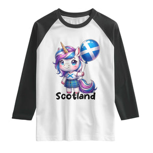 Cute Unicorn Wearing Tartan Kilt Holding Saltire Flag Graphic Raglan Shirt