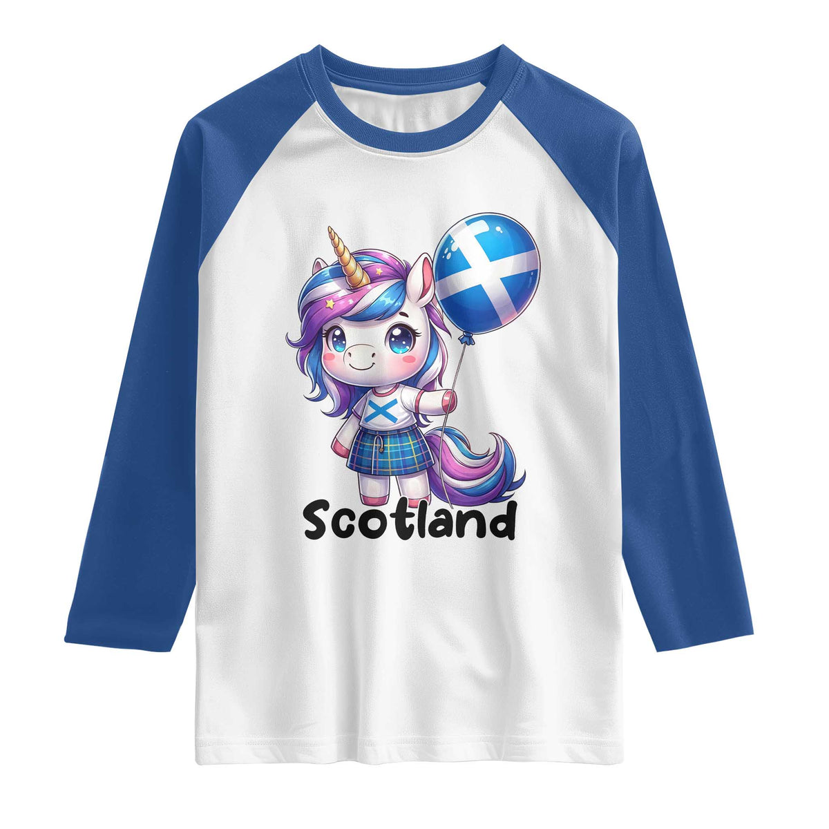 Cute Unicorn Wearing Tartan Kilt Holding Saltire Flag Graphic Raglan Shirt