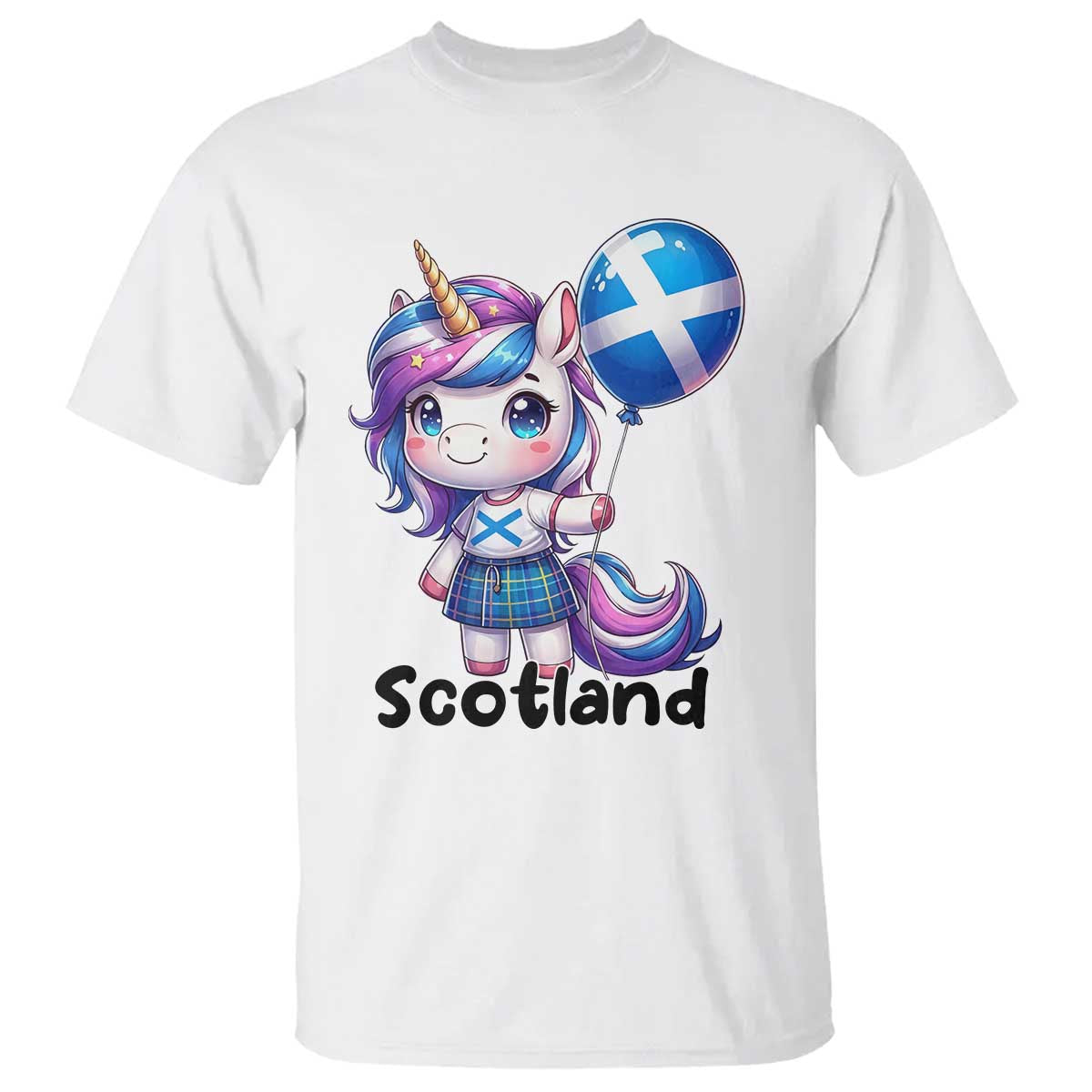Cute Unicorn Wearing Tartan Kilt Holding Saltire Flag Graphic T Shirt