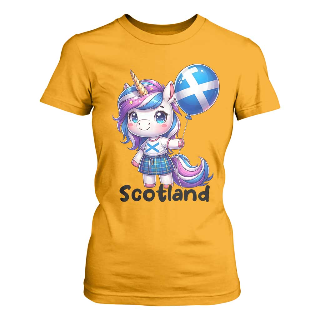 Cute Unicorn Wearing Tartan Kilt Holding Saltire Flag Graphic T Shirt For Women