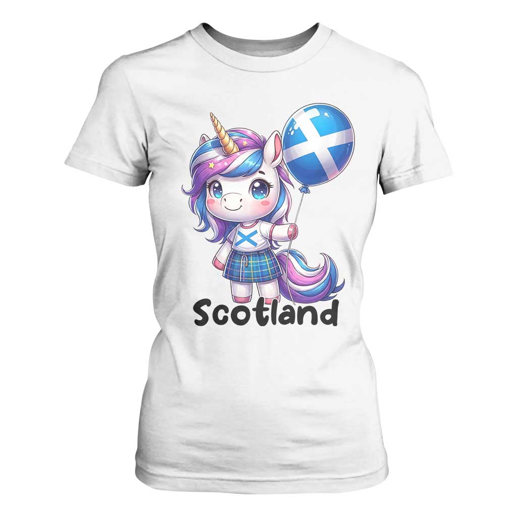 Cute Unicorn Wearing Tartan Kilt Holding Saltire Flag Graphic T Shirt For Women