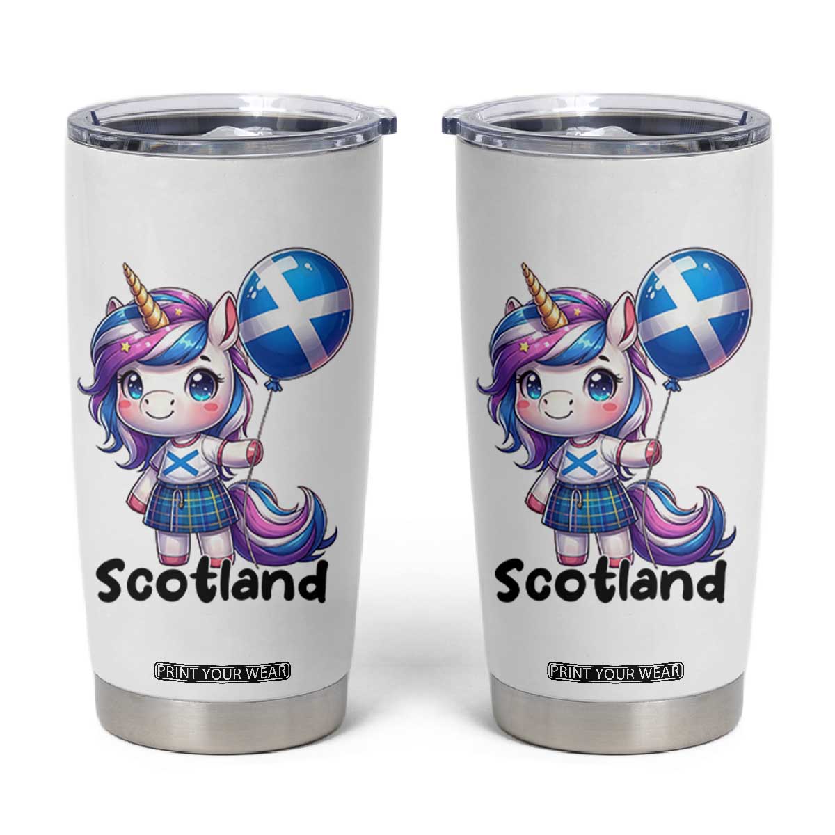 Cute Unicorn Wearing Tartan Kilt Holding Saltire Flag Graphic Tumbler Cup