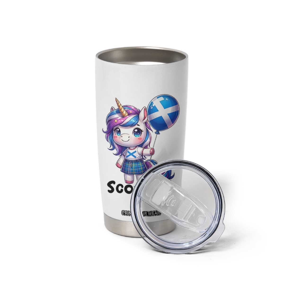 Cute Unicorn Wearing Tartan Kilt Holding Saltire Flag Graphic Tumbler Cup