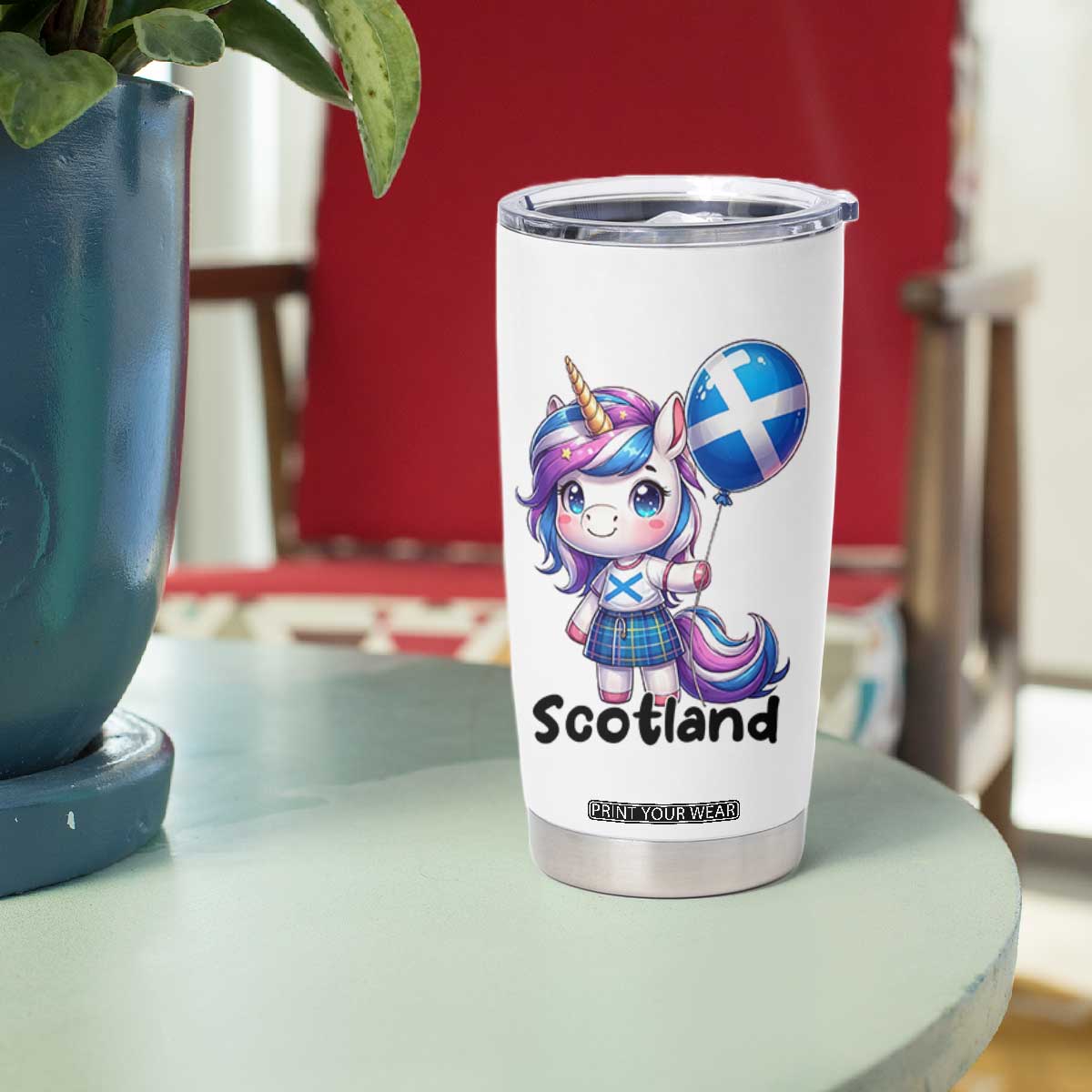 Cute Unicorn Wearing Tartan Kilt Holding Saltire Flag Graphic Tumbler Cup
