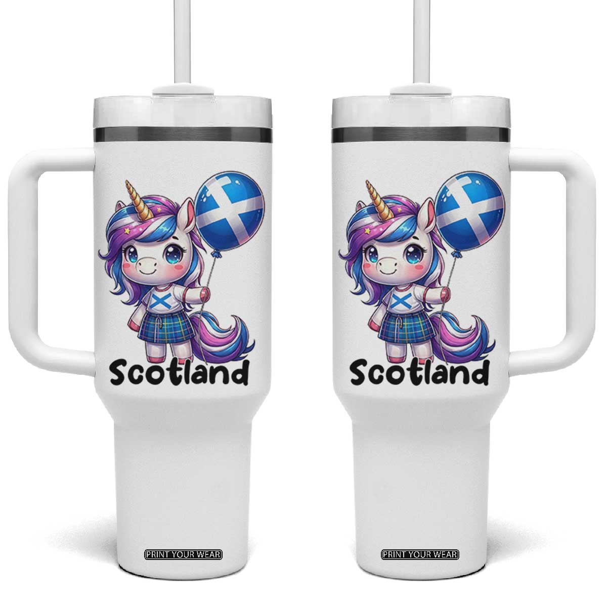 Cute Unicorn Wearing Tartan Kilt Holding Saltire Flag Graphic Tumbler With Handle TS02 One Size: 40 oz White Print Your Wear