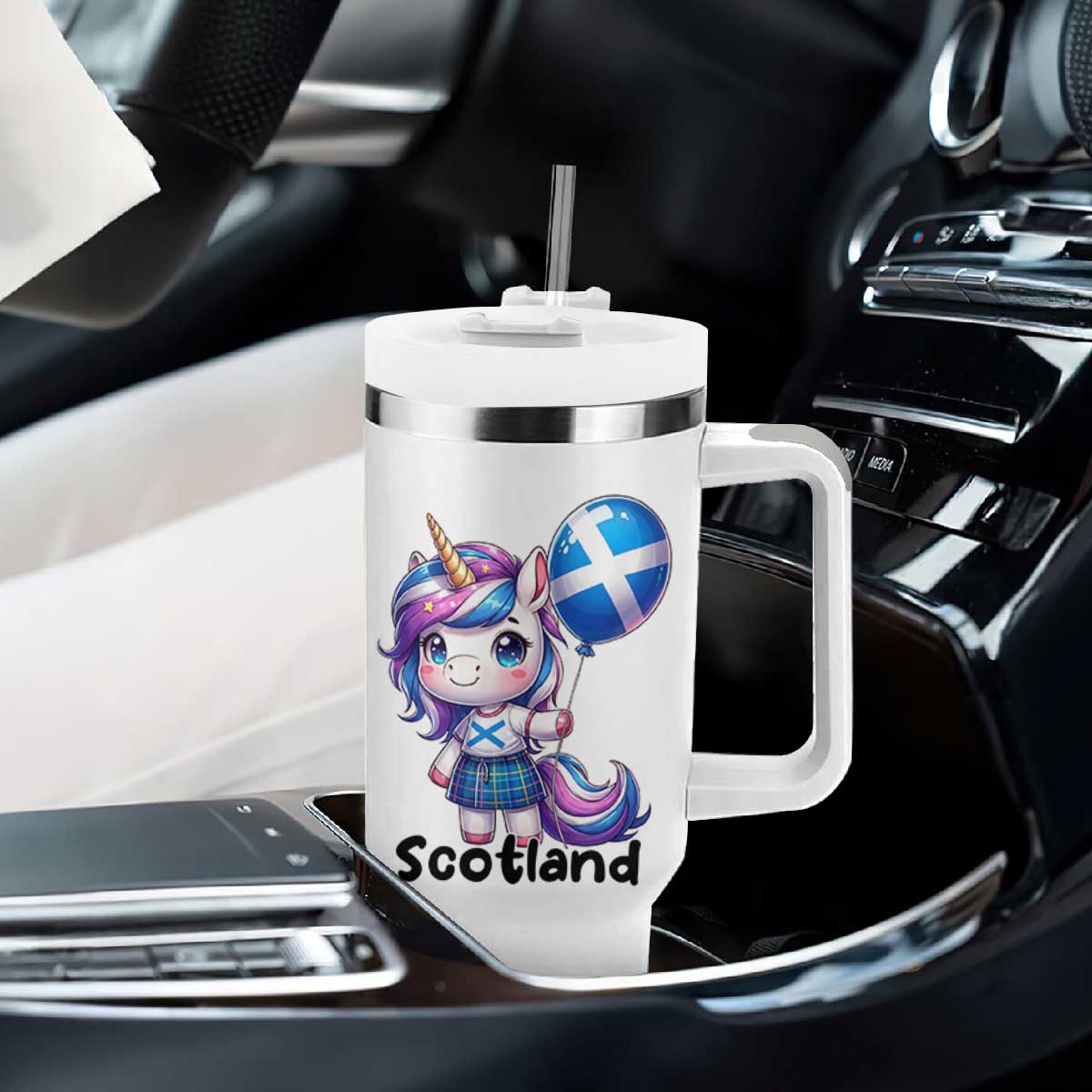 Cute Unicorn Wearing Tartan Kilt Holding Saltire Flag Graphic Tumbler With Handle