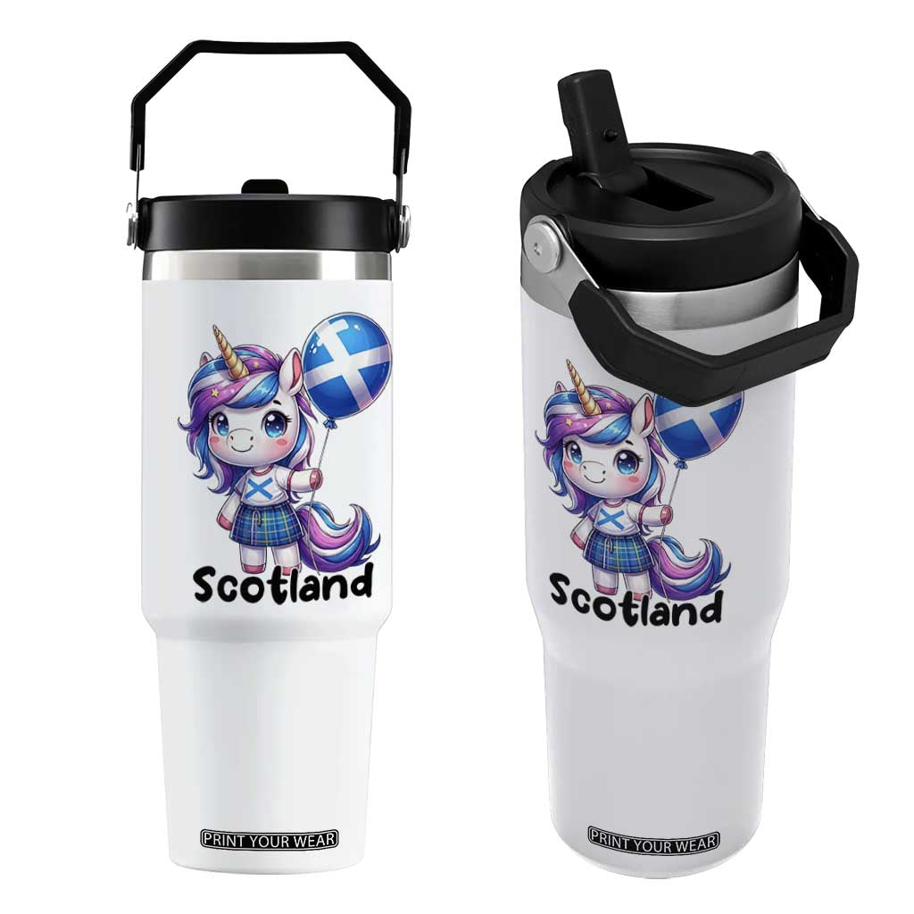 Cute Unicorn Wearing Tartan Kilt Holding Saltire Flag Graphic Flip Straw Tumbler