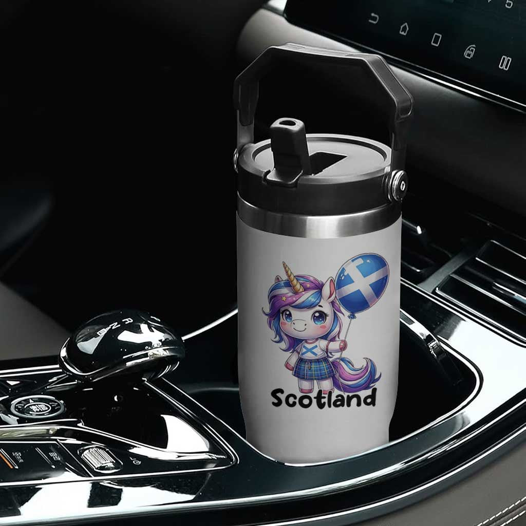 Cute Unicorn Wearing Tartan Kilt Holding Saltire Flag Graphic Flip Straw Tumbler