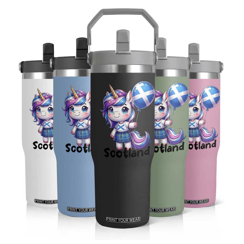 Cute Unicorn Wearing Tartan Kilt Holding Saltire Flag Graphic Flip Straw Tumbler