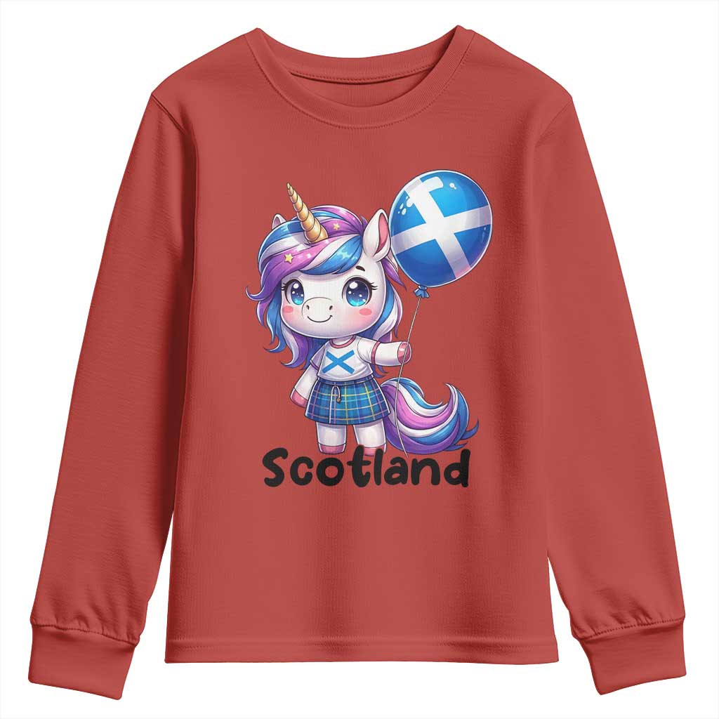 Cute Unicorn Wearing Tartan Kilt Holding Saltire Flag Graphic Youth Sweatshirt
