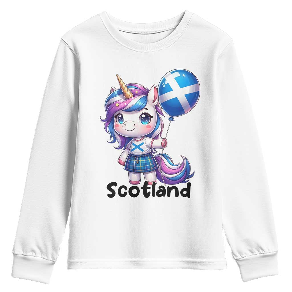 Cute Unicorn Wearing Tartan Kilt Holding Saltire Flag Graphic Youth Sweatshirt TS02 White Print Your Wear
