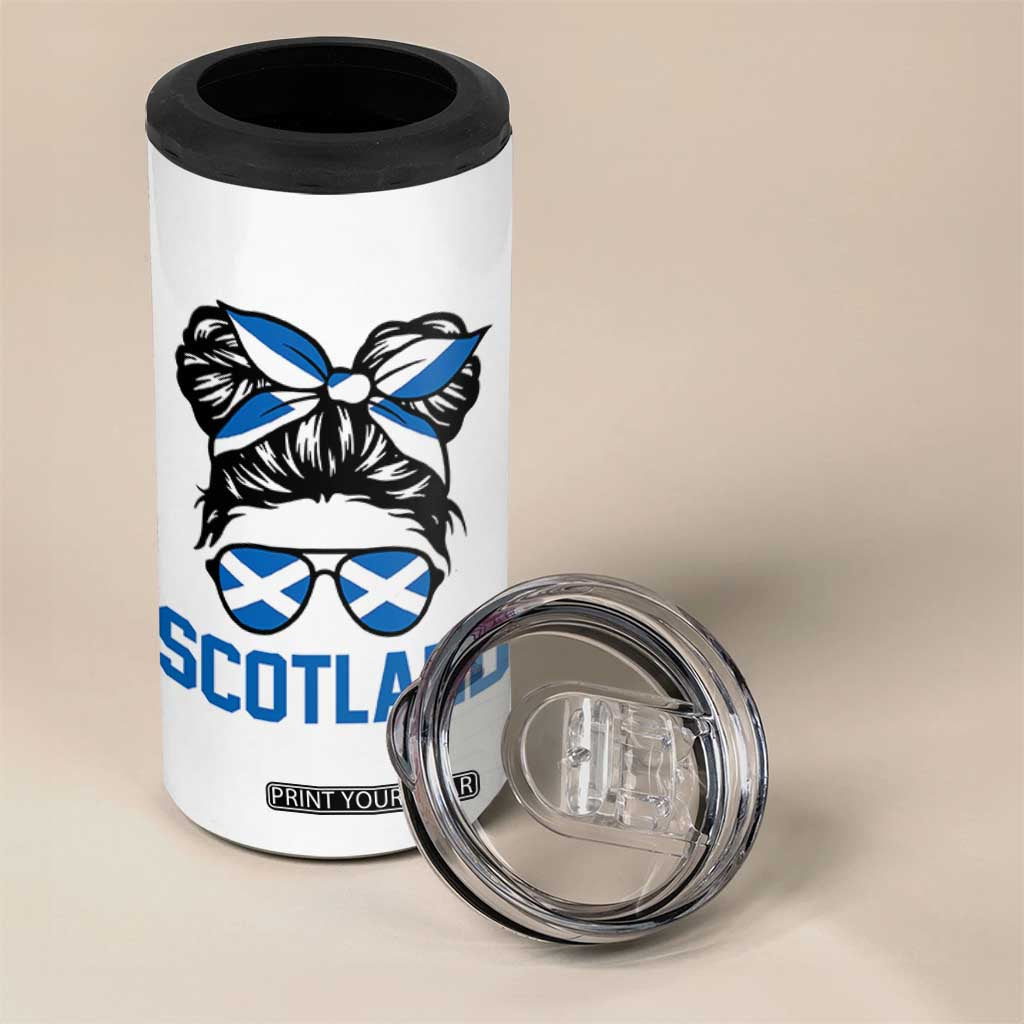 Scotland Messy Bun Hair Saltire Flag Ribbon Bow 4 in 1 Can Cooler Tumbler Scottish Pride for Girls Women